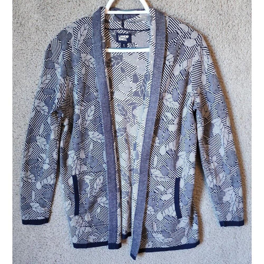 Lands' End Womens Long Sleeve Open Front Cardigan Sweater Blue Floral Size Small